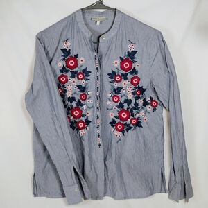 Lucky Brand Blue White Stripe Floral Embroidered Shirt Long Sleeve Romantic